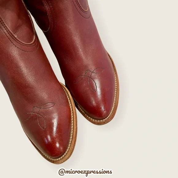 1990’s Frye Vintage Leather Pull On Red Cognac Heeled Cowboy Western Cute Bootie - Picture 10 of 13